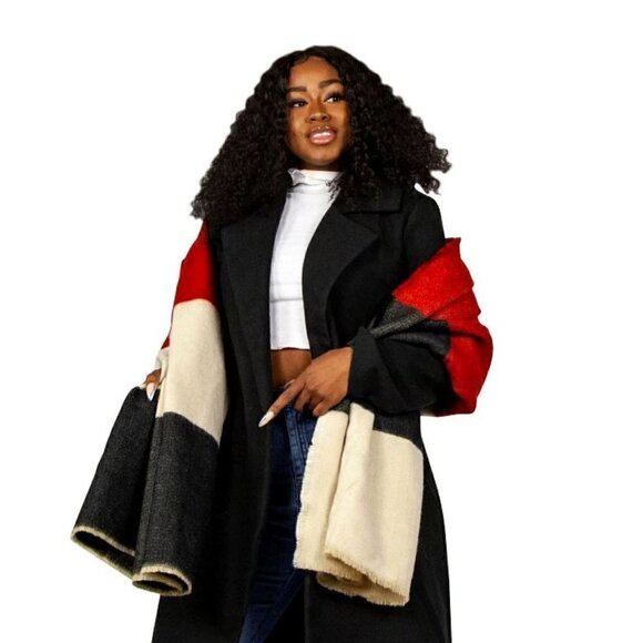 Plush Luxury Scarf in Blue, Red and Tan - Picture 2 of 3